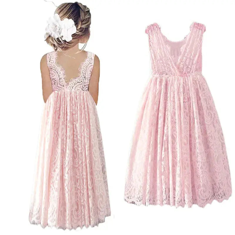 Princess Girls Cotton Lace Party Long Dress Baby Kids Flower Girl Wedding Birthday Children Clothing Natalia Home Fashion Pink-3T Natalia Home Fashion