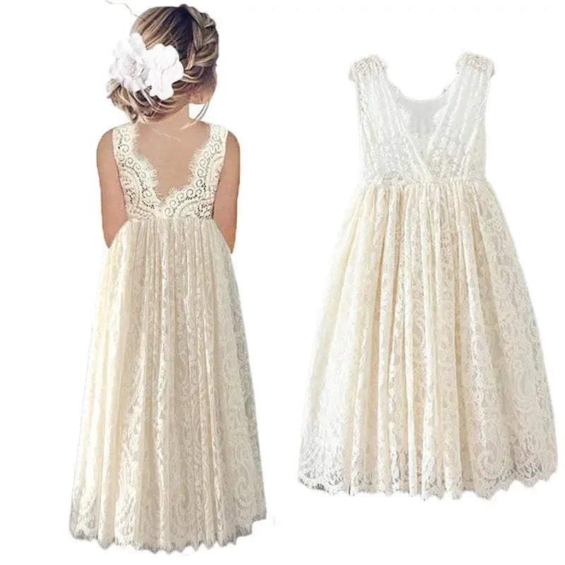 Princess Girls Cotton Lace Party Long Dress Baby Kids Flower Girl Wedding Birthday Children Clothing Natalia Home Fashion Ivory-7 Natalia Home Fashion