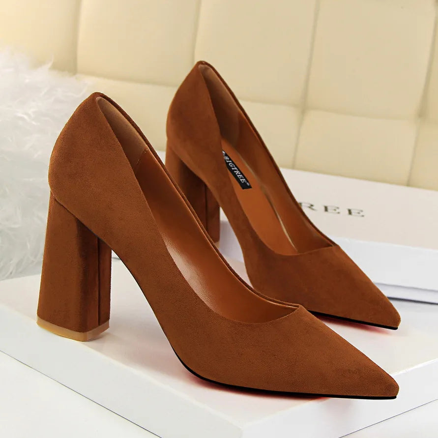 Summer Women 8.5cm High Heels Pumps Elegant Sweet Lady Wedding Block Square Middle Heels Flock Suede Nightclub Shoes