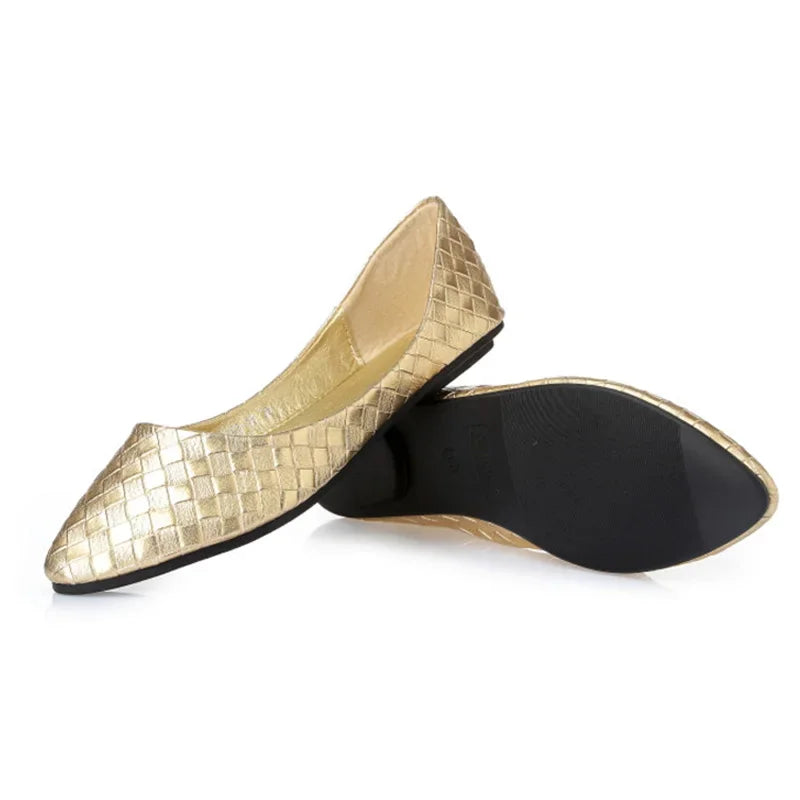 Ladies Ballet Flats Weaving Gold Silver Shoes Pointed Toe Breathable Slip-Ons Summer