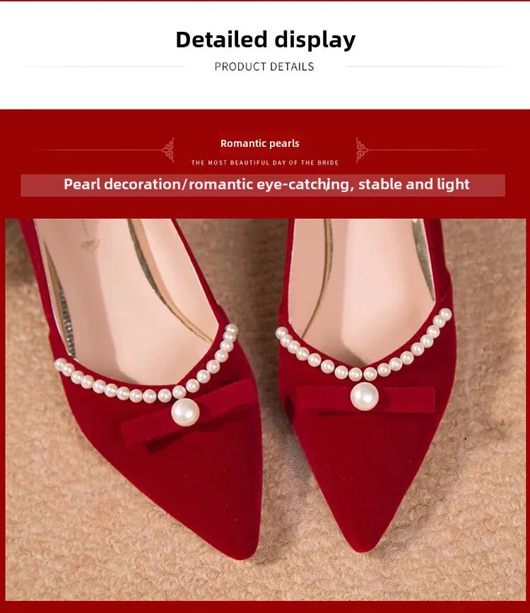 Women's Chunky Heel Pointed Toe Slip-On Shoes Wedding Dress Two-Way Wear Pearl Red Bridal Shoes Spring Autumn New Style