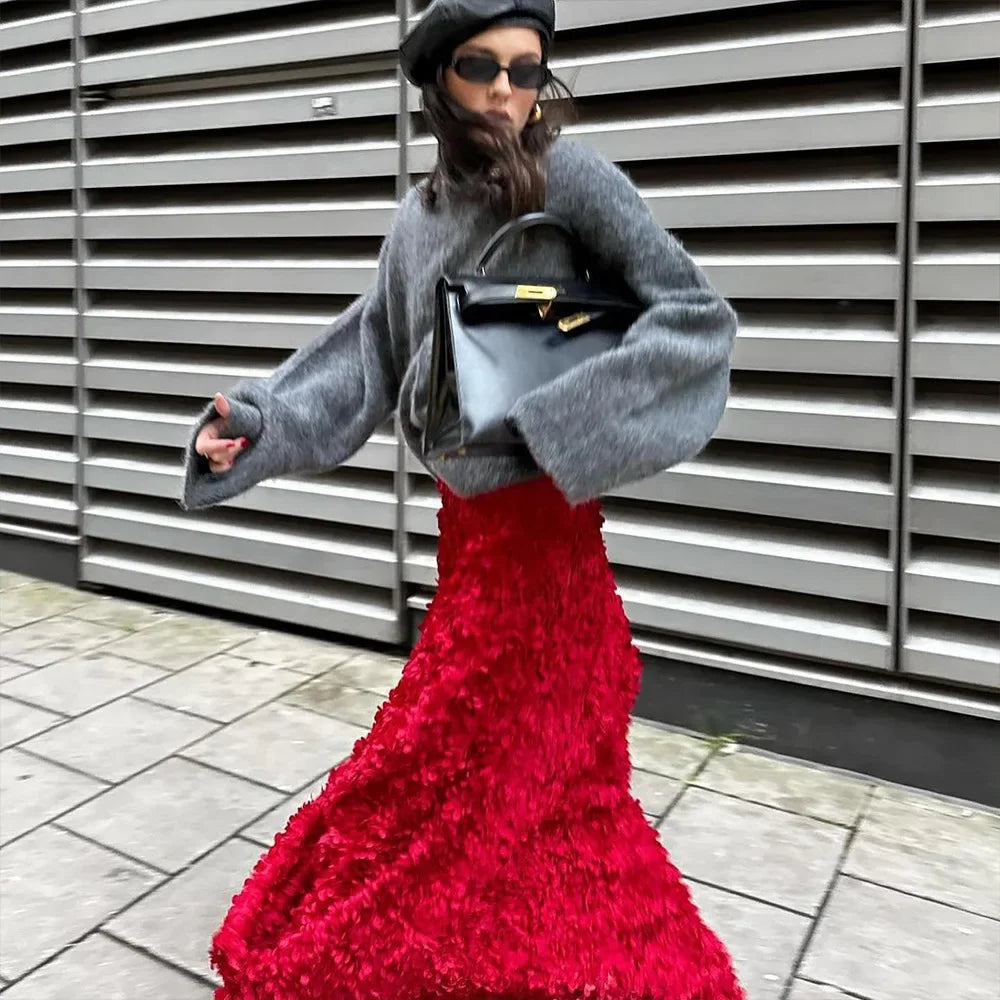 Original Light Luxury Evening Skirt Autumn Winter Women's Slim Fit Loose Warm Embroidered Petal Side Split Design Casual Skirt Natalia Home Fashion Natalia Home Fashion
