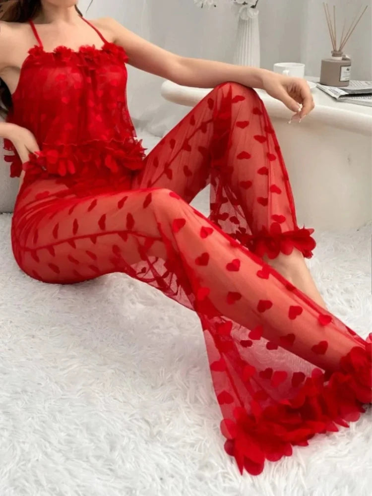 Women Pajamas Strap Lace Top Transparent Pants Sexy Lingerie Women Mesh Love Pants Camisole Halter Tops Hot Women's Night Shirts