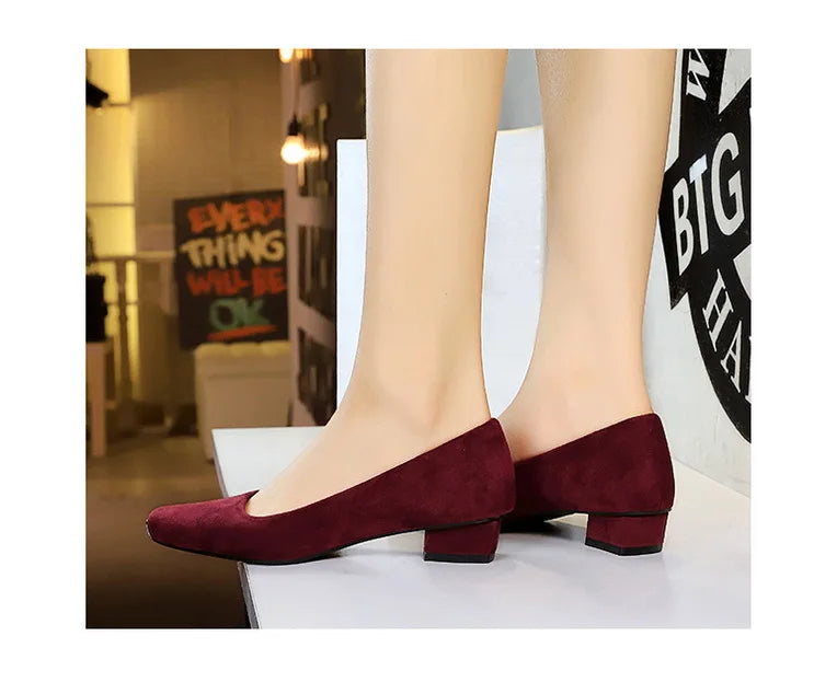 Women Fashion Style Quality Square Toe Low Heel Pumps Lady Prom Suede Shallow Mouth Thick High OL Single Shoes