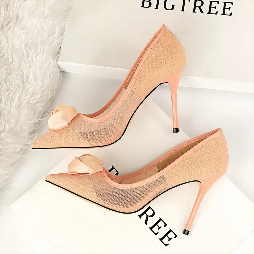 Women's Sexy Nightclub Pole Dancing Show Thin Heels High Mesh Hollowed Out Satin Rose Flower Woman Pumps