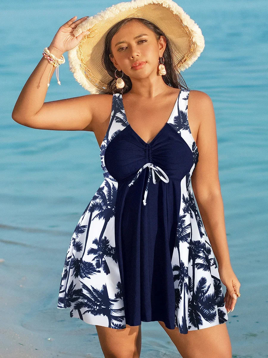 Oversize Bikini for Women Print Patchwork Dress Split Swimsuit V-neck Suspender Backless Beach Vacation Swimwear Summer