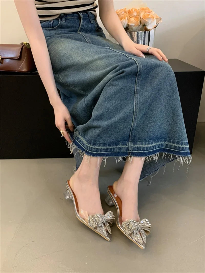 Fashion Design Crystal Bowknot Women Pumps Sexy Pointed Toe Clear High Heels Wedding Prom Shoes PVC Transparent Sandals