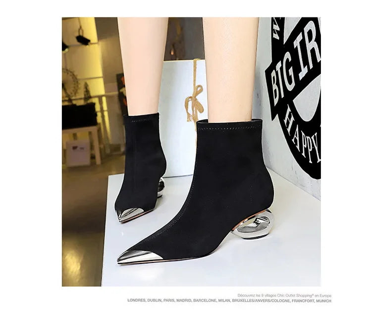 Street Style Fur Metal Hollow Heel Modern Faux Suede Short Boots for Women Metal Pointed Toe Low Heel Boots Female