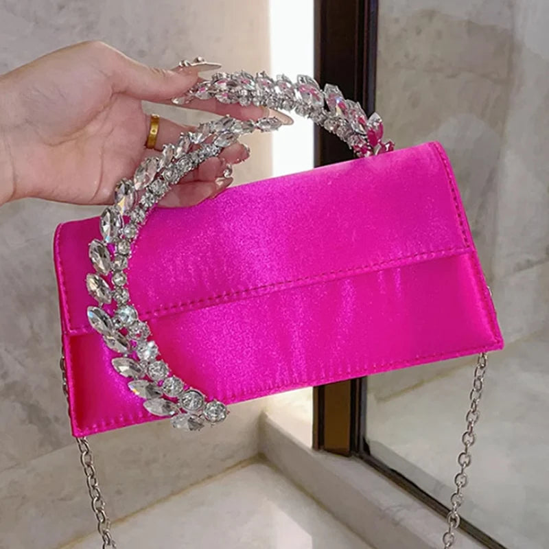 Luxury Diamond studded Banquet Bag Versatile Silk Satin Small Square Bag Luxury Sparkling Diamond Clutch Bag Crossbody Bag