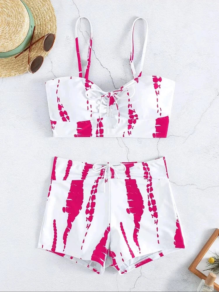 Tie Dye Bikini Drawstring Swimsuit Women High Waist Shorts Swimwear Female Padded Bathing Suit Swimming Beachwear Summer