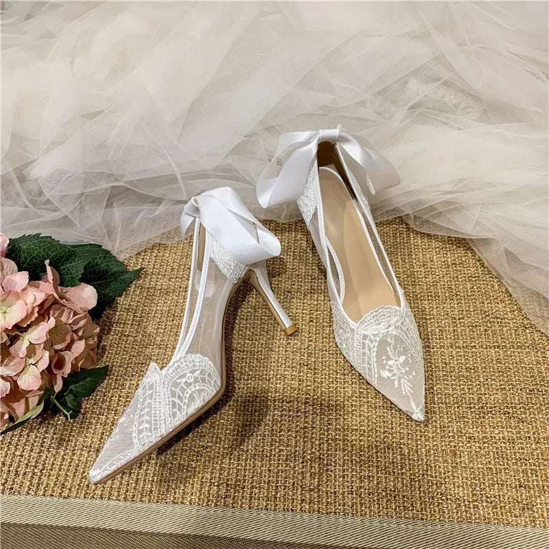 French wedding shoes, lace bridesmaid shoes, white pointed high heels, women's slim heels, bride's shoes