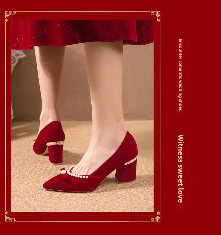 Women's Chunky Heel Pointed Toe Slip-On Shoes Wedding Dress Two-Way Wear Pearl Red Bridal Shoes Spring Autumn New Style