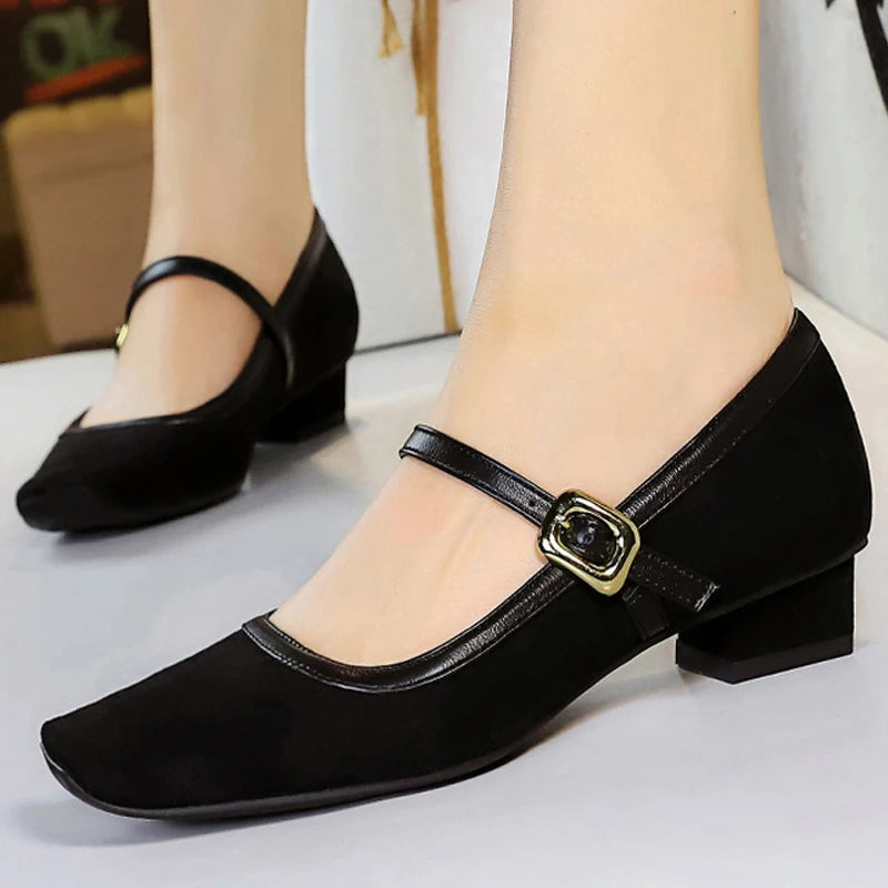 Heels Women Vintage Mary Jane shoes Metal leopard print square head Women Pumps Low heel high heels Suede