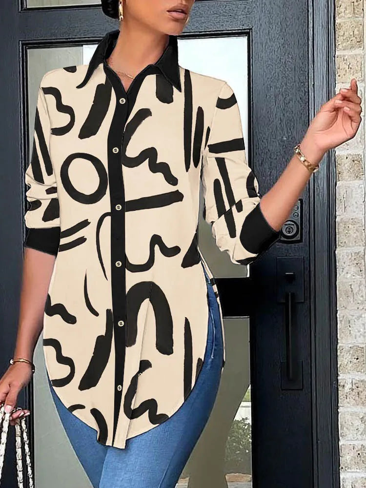 Fashion Print Button Shirts Top For Women 2022 Autumn Long Sleeves Casual Office Elegant Lady Slim Shirt Clothes Irregular Tops Natalia Home Fashion Apricot-XL Natalia Home Fashion