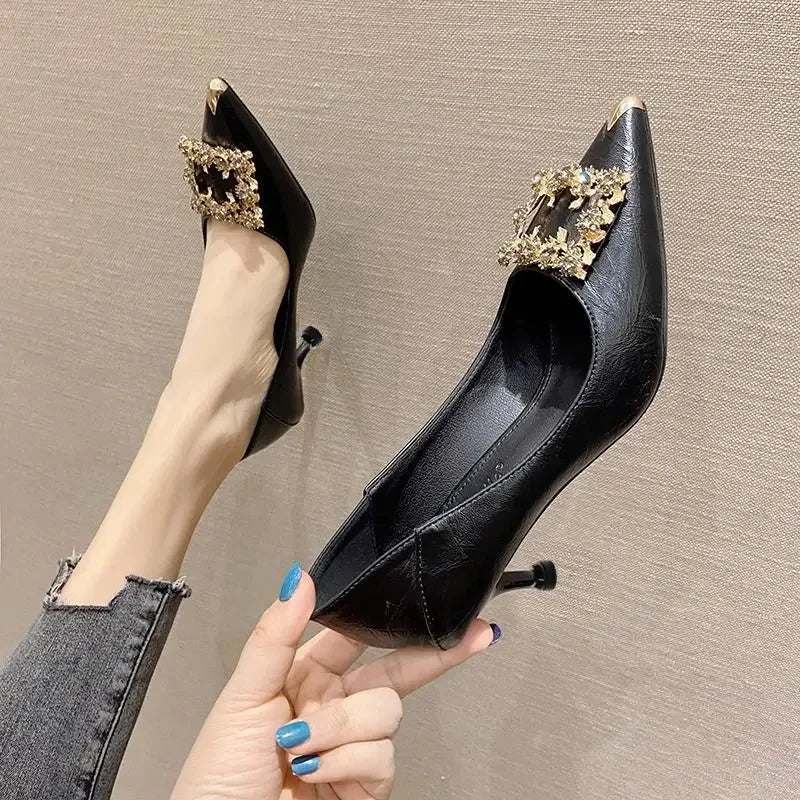 Women's High Heels Soft Leather Non-slip Fine Wedges Buckle Pointed Cat Tails French Single Shoes