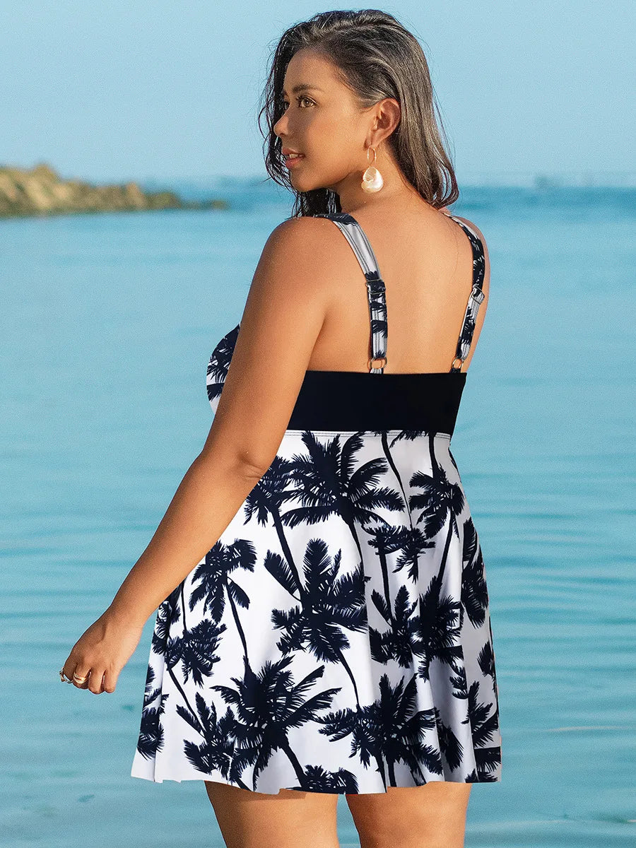 Oversize Bikini for Women Print Patchwork Dress Split Swimsuit V-neck Suspender Backless Beach Vacation Swimwear Summer