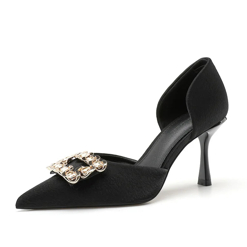 Leisure Rhinestone Square Buckle Extra Wide Hollow Sandals Pointed Head High Heel Single Shoes Women