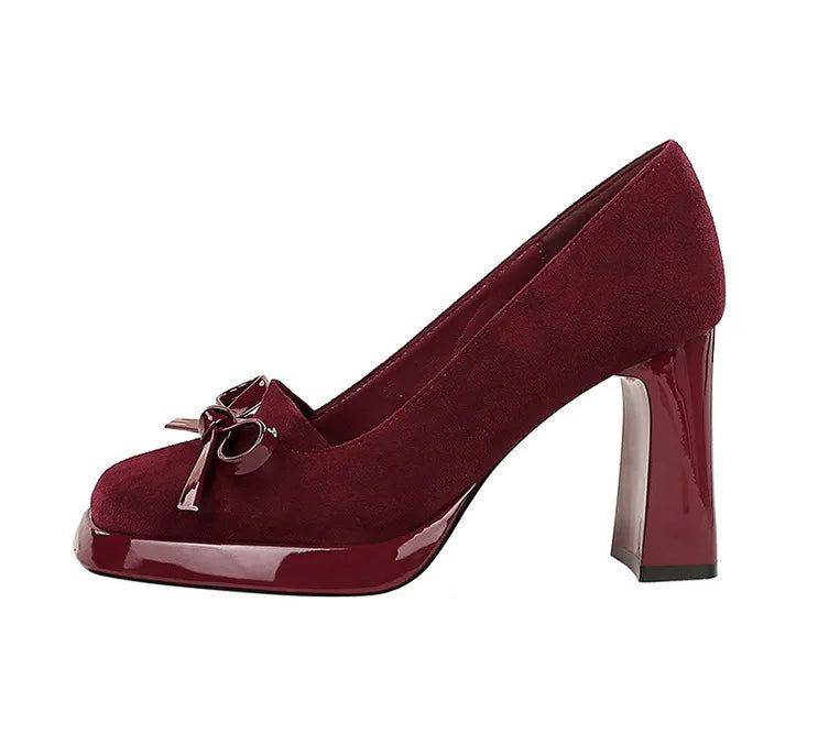 Chunky Block Heels Women Pumps Bow Decoration High Heels Square Headed Platform High Heels Suede Ladies Shoes