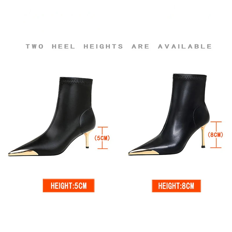 Boots Metal Pointed tip Women Boots Fashion Leather Boots High Heels Stilettos New Women Ankle Boots