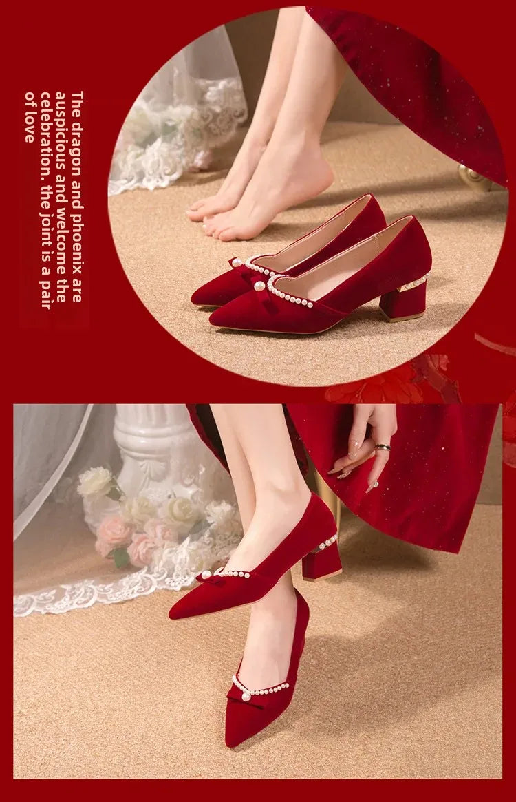 Women's Chunky Heel Pointed Toe Slip-On Shoes Wedding Dress Two-Way Wear Pearl Red Bridal Shoes Spring Autumn New Style