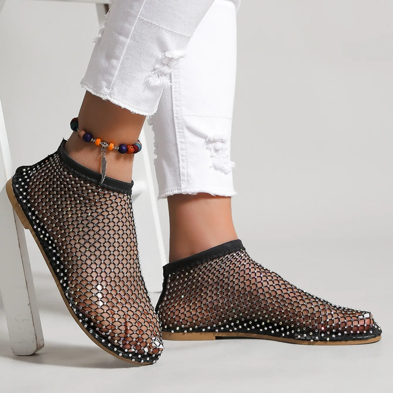 Women's Round Toe Flat Bottom Sandals Hollow Short Boots Water Diamond Sexy Flats Bottom Shoes Luxury Shoes Women