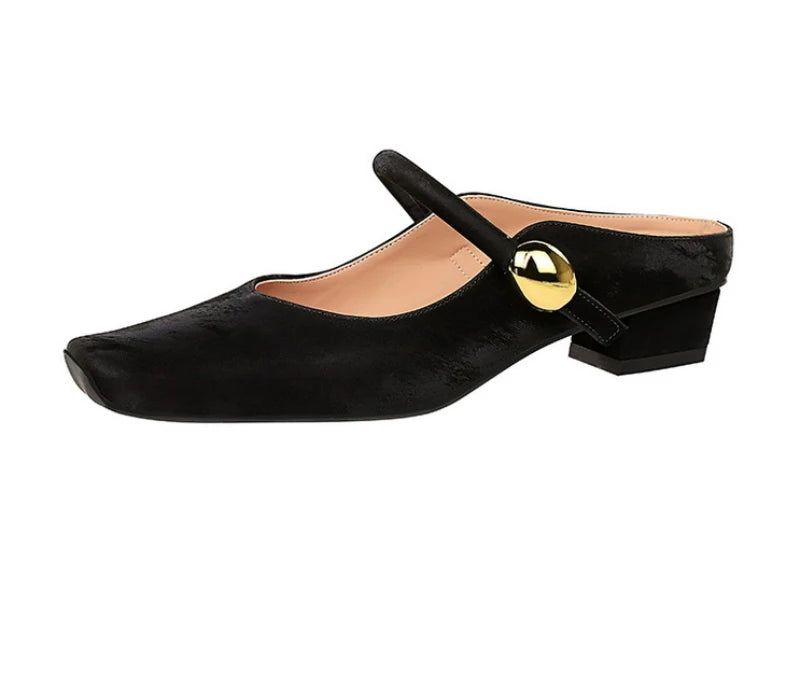 European Style Light-Mouthed Half-Slippers Women Wearing Thick Heels And Square-Toe Mary Jane Shoes One-Strap
