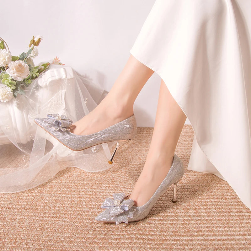 Stiletto Heels Wedding Pumps Women Party Shoes Silver Crystal Butterfly Knot Pointed Toe Sexy High Heels