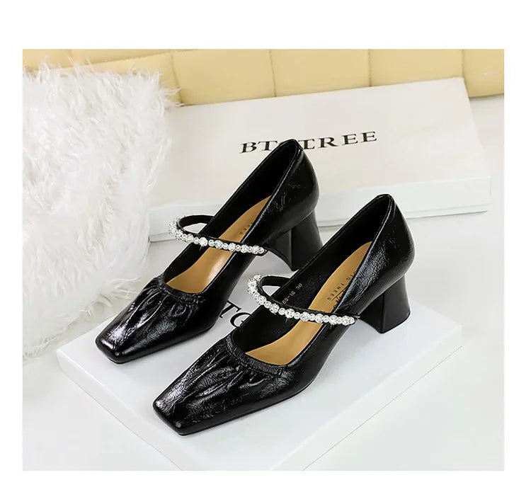 Heels Women Fashion CRYSTAL Pearl Pumps Square Toe Stripper Elegant Party Square Heel Ladies Shoes