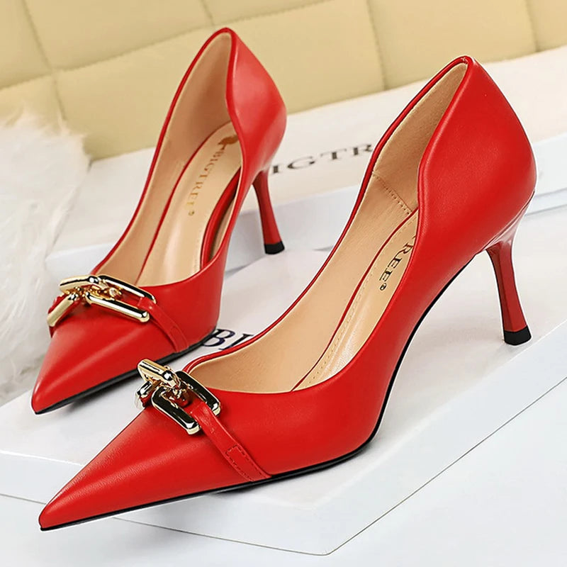 Elegant Women Pumps Metal Button Kitten Heels Women Shoes Stiletto Banquet Shoes Pointed High Heels