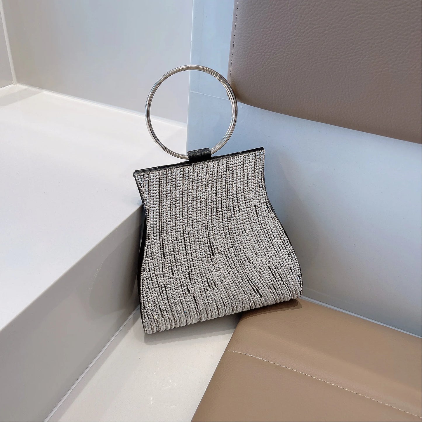 Fashionable Diamond Set Pearl Handbag, Banquet Single Shoulder Water Diamond Circular Cross Women's Handbag