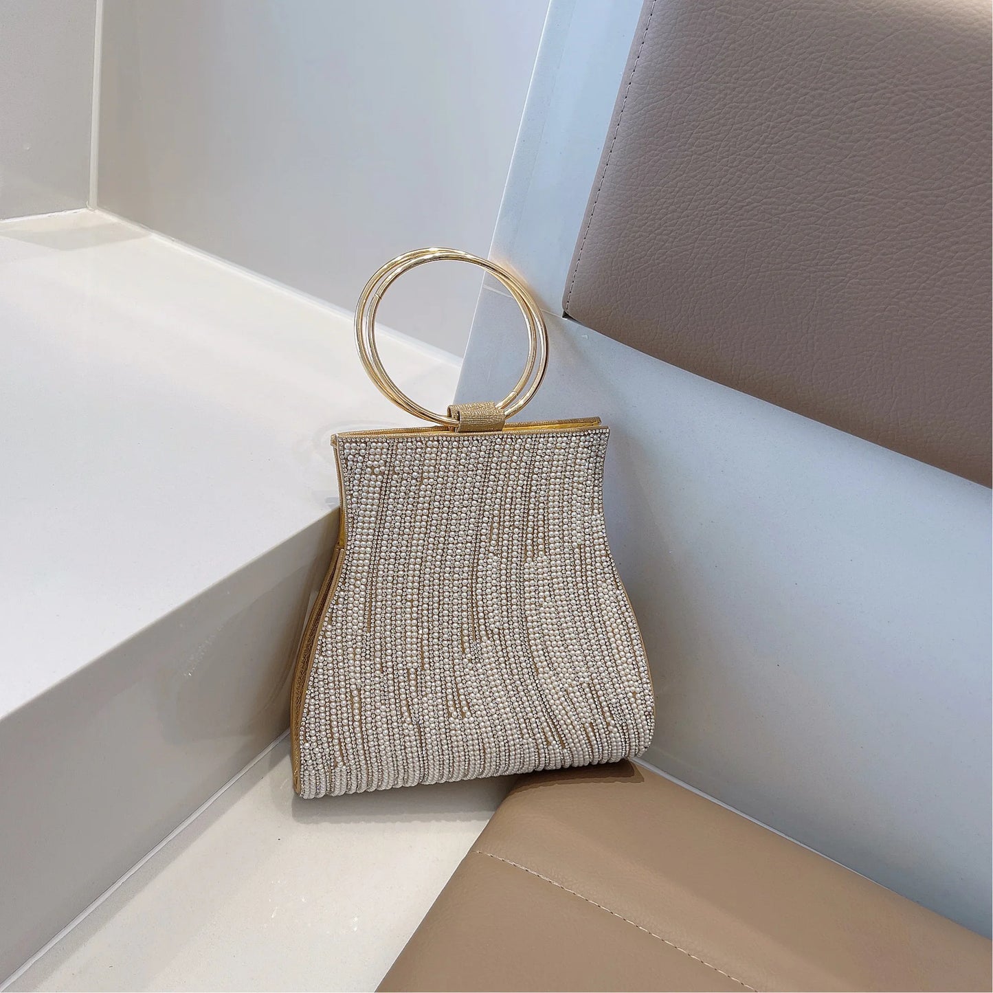 Fashionable Diamond Set Pearl Handbag, Banquet Single Shoulder Water Diamond Circular Cross Women's Handbag