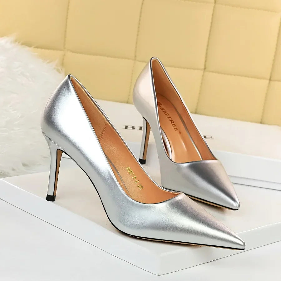 Women High Heels Scar pins Pumps Lady Glossy Leather Fetish Wedding Bridal Mid Low Heels Office Shoes