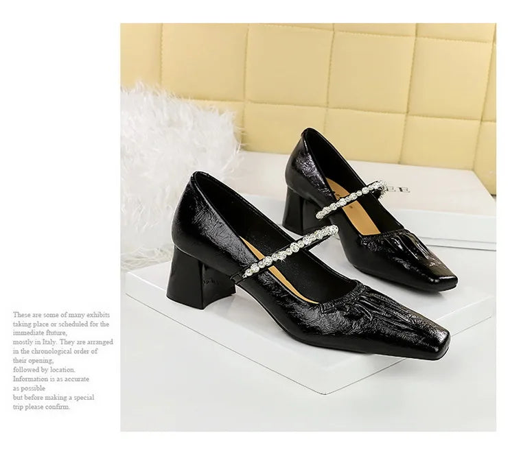 Heels Women Fashion CRYSTAL Pearl Pumps Square Toe Stripper Elegant Party Square Heel Ladies Shoes