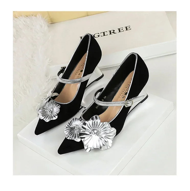 Metal Wedges 6 cm Women Pumps Flower Design High Heels Suede Sexy Party Shoes Buckle Ladies Shoes Women Wedges
