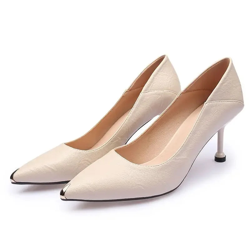 Women's High Heels Soft Leather Non-slip Fine Wedges Buckle Pointed Cat Tails French Single Shoes