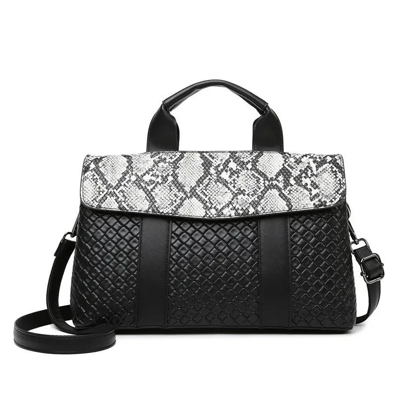 Large Capacity Ladies Handbag Fashion Woven Pattern Shoulder Bag Vintage Style Polyester Lining Soft PU Leather Material Commuter Bag