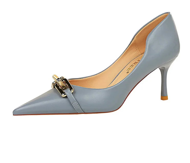 Elegant Women Pumps Metal Button Kitten Heels Women Shoes Stiletto Banquet Shoes Pointed High Heels