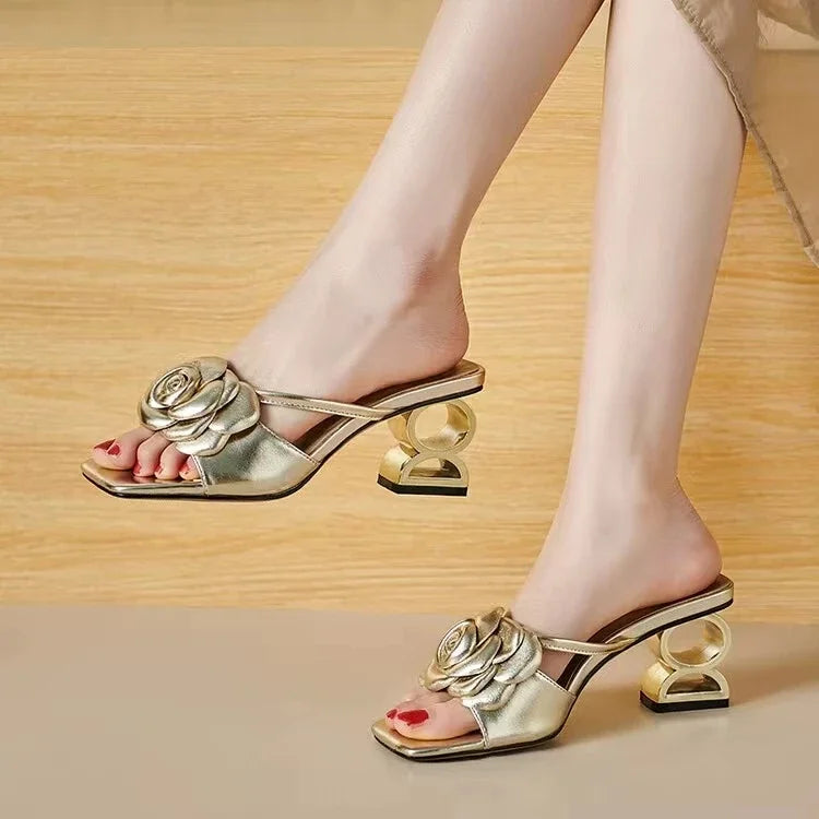 Camellia slippers fancy summer wear 2024 soft leather new line flower sandals open toe with half drag female Natalia Home Fashion Natalia Home Fashion