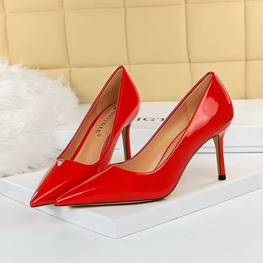 Women High Heels Scar pins Pumps Lady Glossy Leather Fetish Wedding Bridal Mid Low Heels Office Shoes