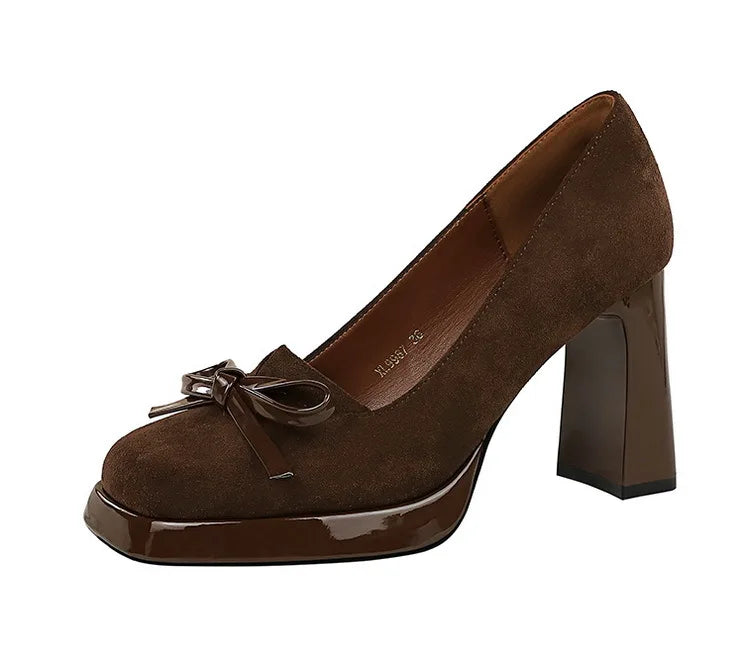 Chunky Block Heels Women Pumps Bow Decoration High Heels Square Headed Platform High Heels Suede Ladies Shoes