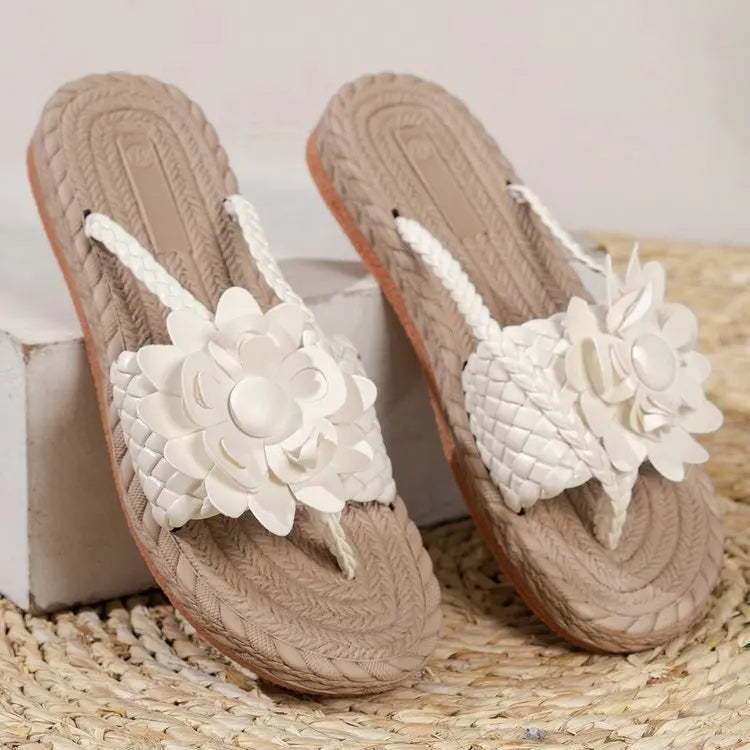 Women Fashion Casual Shoes Flat Vacation Holiday Holographic Braided Floral Pattern Toe Post Beach Flip Flops
