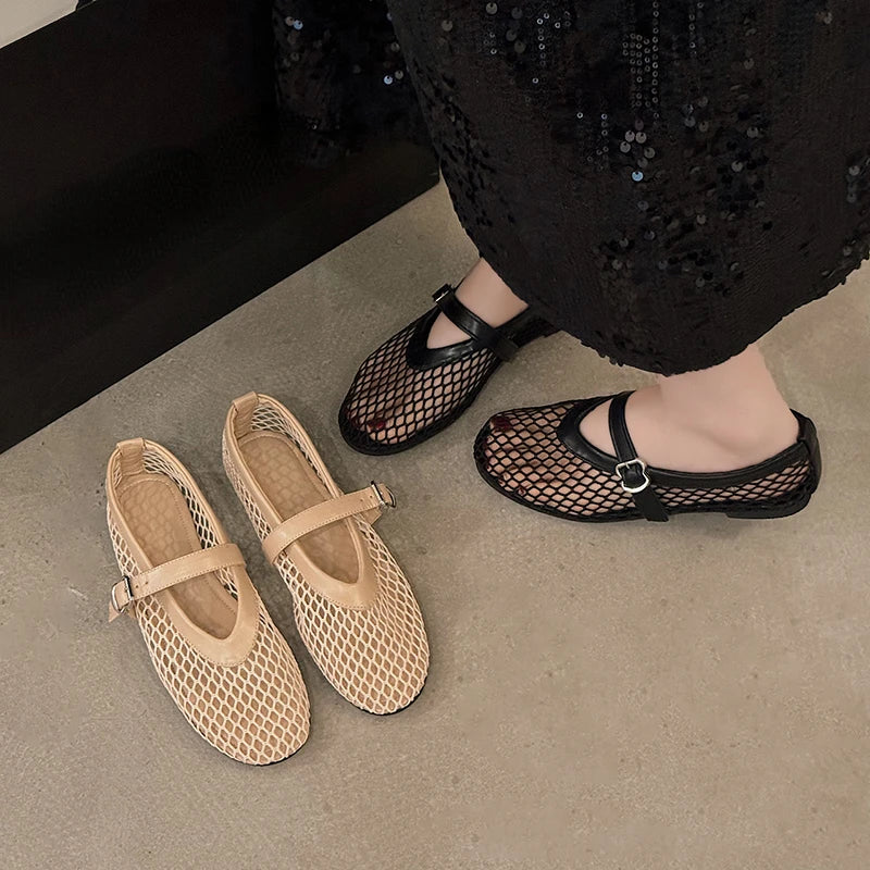 Summer, Wear Round Toe, Straight Buckles, Casual and Comfortable, Women's Flats, Cut-out Mary Jane Single Shoes, fishnet Shoes