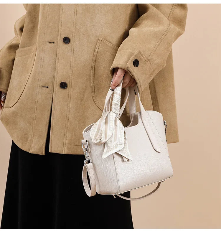 Pure Leather Cowhide Single Shoulder Crossbody Bag Ladies Handbag Fashion Bucket Bag Simple Basket Comes with Scarf