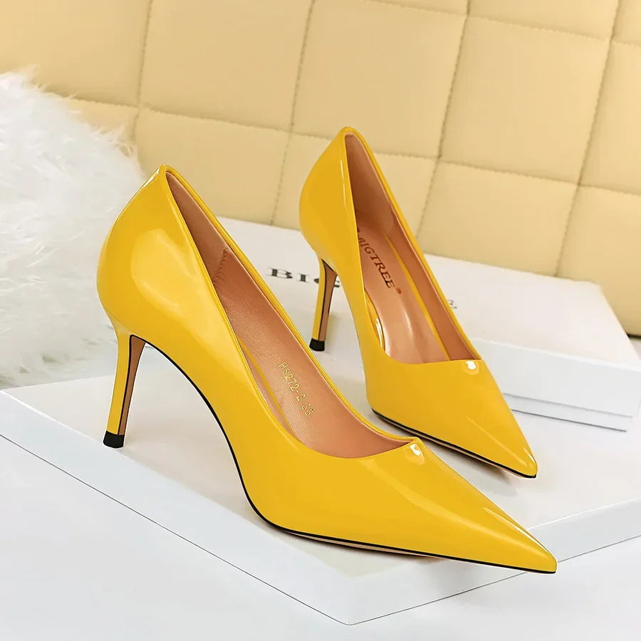 Women High Heels Scar pins Pumps Lady Glossy Leather Fetish Wedding Bridal Mid Low Heels Office Shoes
