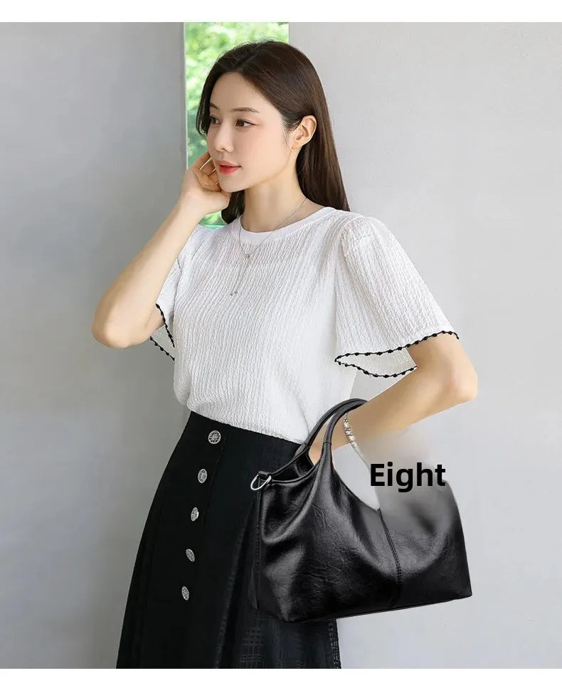 Fashionable Pure Color Basket Handbag Women's Commuter Bag Soft PU Leather Vintage Style Single Shoulder Bag with Internal Zipper