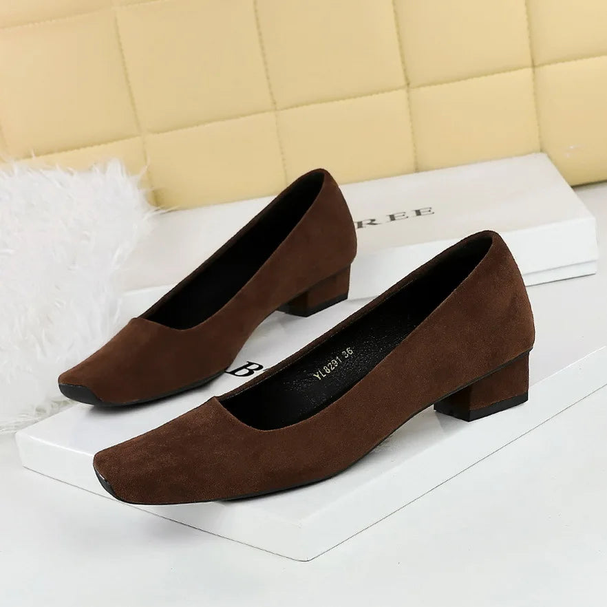 Women Fashion Style Quality Square Toe Low Heel Pumps Lady Prom Suede Shallow Mouth Thick High OL Single Shoes