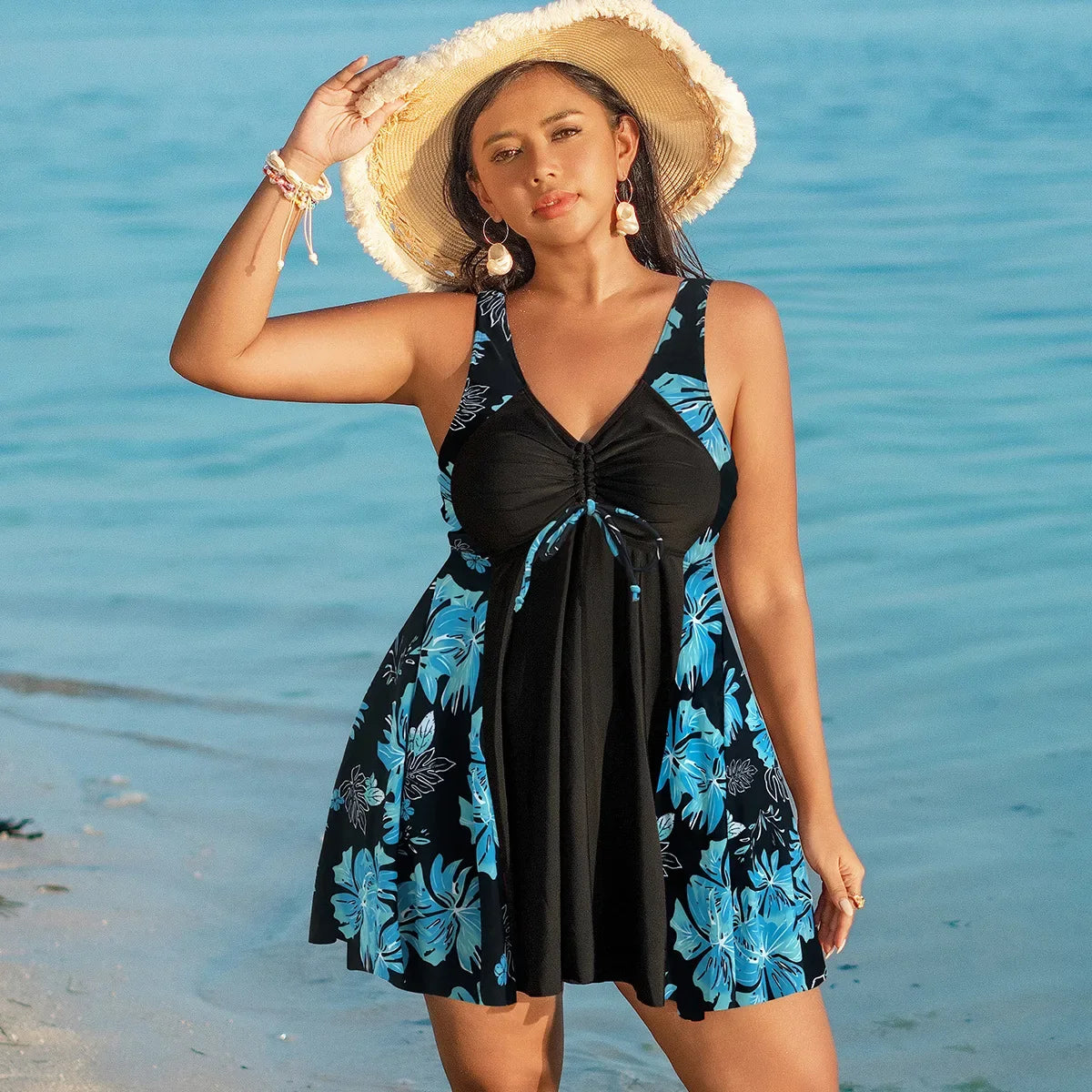 Oversize Bikini for Women Print Patchwork Dress Split Swimsuit V-neck Suspender Backless Beach Vacation Swimwear Summer