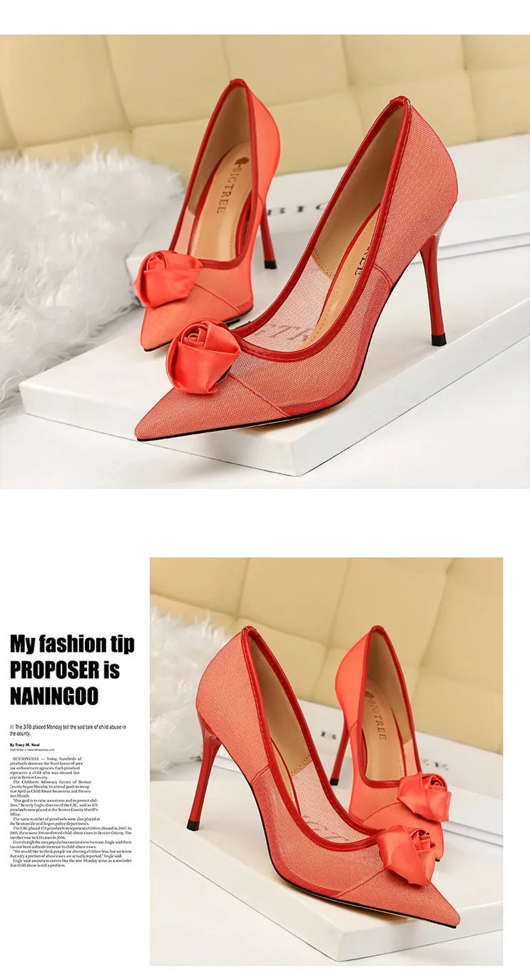 Women's Sexy Nightclub Pole Dancing Show Thin Heels High Mesh Hollowed Out Satin Rose Flower Woman Pumps