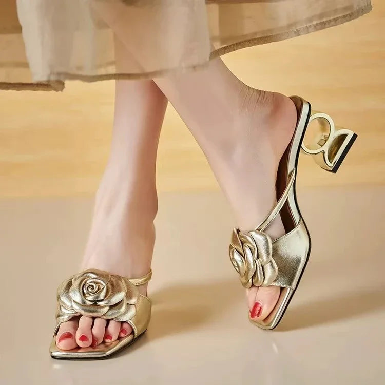 Camellia slippers fancy summer wear 2024 soft leather new line flower sandals open toe with half drag female Natalia Home Fashion Gold-39 Natalia Home Fashion