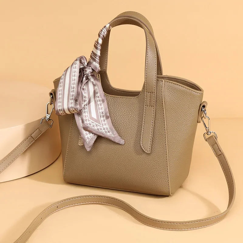 Pure Leather Cowhide Single Shoulder Crossbody Bag Ladies Handbag Fashion Bucket Bag Simple Basket Comes with Scarf